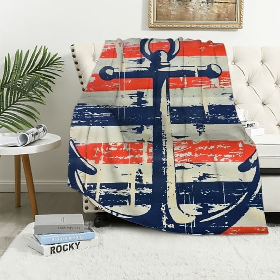 Pratyus Anchor Stripes Screen Print Throw Blanket for Couch Sofa Bed Home Decor All Seasons Comfortable Design Multi Functional Purpose Perfect Gift 40x50in