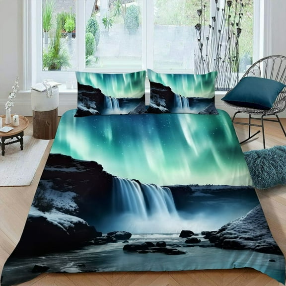 Pratyus Aurora Borealis 3-Piece Bedding Set with Zipper Closure, Peach Skin Fabric, Bedroom; Guest Room Decor, Single Sided Printing, Full Size, All Seasons Comfort 87x68in