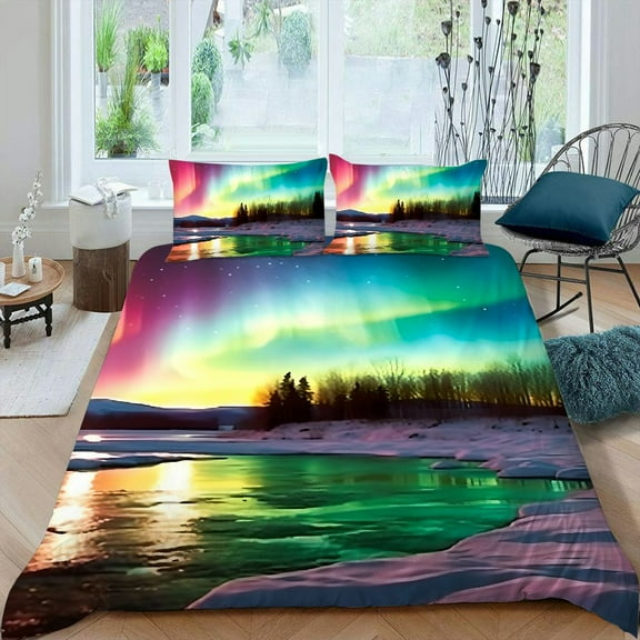 Pratyus Aurora Borealis Frozen Lake Sun 3-Piece Bedding Set Lightweight and Soft Peach Skin Fabric Bedroom Guest Room 87x68in