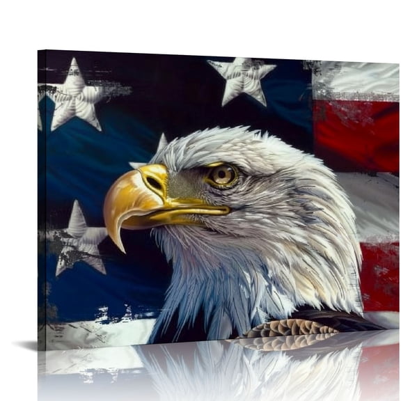 Pratyus Bald Eagle Flag American Romanticism Canvas Ready to Hang Wall Art Decor Home Living Room Office Gift Ideas 16x12in
