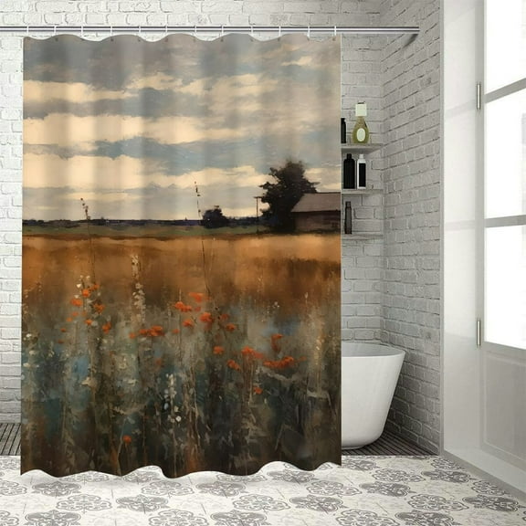 Pratyus Barn Clouds Field Shower Curtain Set with Hooks, Chic Modern Bathroom Decor, Cloth Fabric Bathroom Accessories, Various Sizes Available 36x72