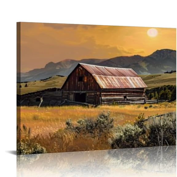 Pratyus Barn Field Mountains Canvas Wall Art Decor Ready To Hang Room Home Art Decor 16x12in