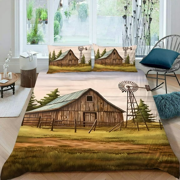 Pratyus Barn Windmill Field 3-Piece Bedding Set Lightweight and Soft Peach Skin Velvet Bedroom Guest Room 87x68in