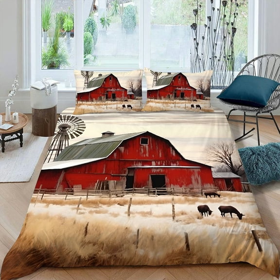 Pratyus Barn Windmill Horses 3-Piece Bedding Set, Zipper Closure, Single Sided Printing, Peach Skin Fabric, for Bedroom and Guest Room 87x68in