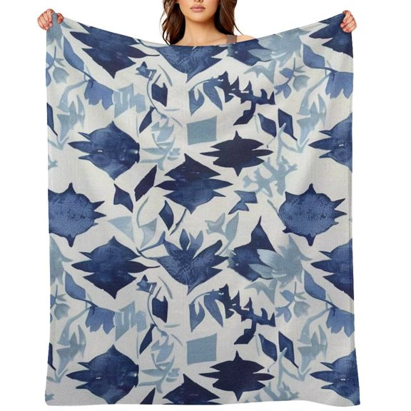 Pratyus Batik Style Blue Floral And Leaf Print on White Soft Flannel Throw Blanket, Lightweight Fuzzy Warm Cozy Blanket for Couch Bed Home Travel Decor