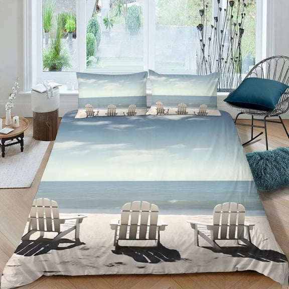 Pratyus Beach Chairs Ocean Theme 3-Piece Bedding Set (Single-Sided Print) Comfortable and Breathable Peach Skin Velvet Bedroom; Guest Room 87x68in