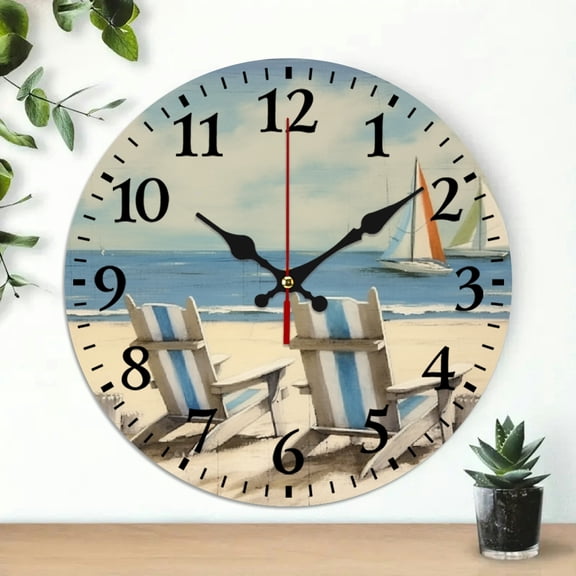 Pratyus Beach Chairs Surfboard Sailboats Theme 10-Inch Round Wooden Wall Clock for Home Decor - Ideal for Living Rooms, Kitchens, Dorms, Everyday Gifts 10x10in