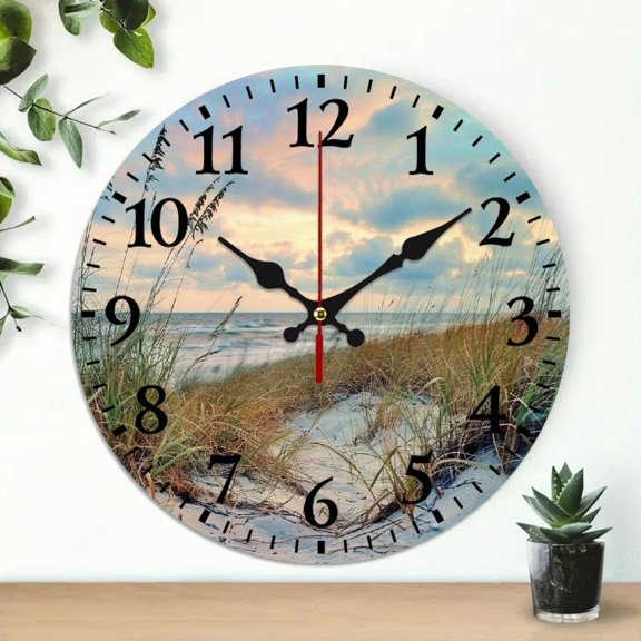 Pratyus Beach Grass Water Wall Clock Wall Hanging Decor 10 Inches Frameless Round Analog Decorative Clock for Living Room Silent Non-Ticking Battery Operated Beautiful Decoration 10x10in