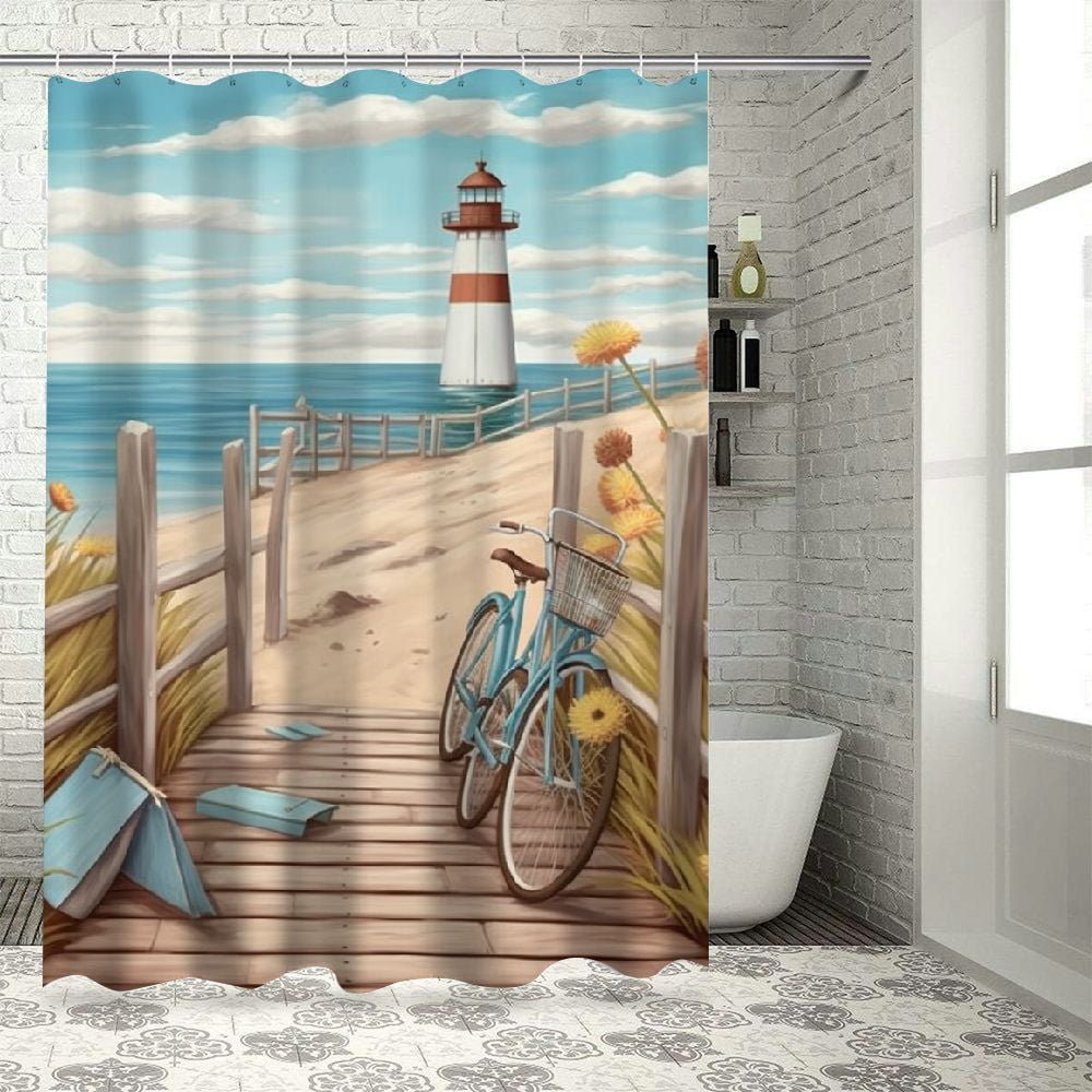 Pratyus Beach Lighthouse Bike Shower Curtain Waterproof Bath Decor Set with Hooks, Kids Bathroom Decor 100% Polyester Washable Curtain, Various Sizes 60"x72