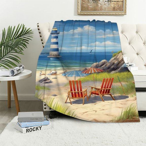 Pratyus Beach Lighthouse Chairs Umbrellas Flannel Throw Blanket for All Seasons - Lightweight, Cozy, Anti-Wrinkle - Perfect for Bed, Sofa, Picnics, and More 40x50in