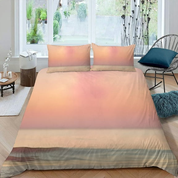Pratyus Beach Sunset 3-Piece Bedding Set (Single-Sided Print) Peach Skin Velvet Bedroom; Guest Room Decor 87x68in
