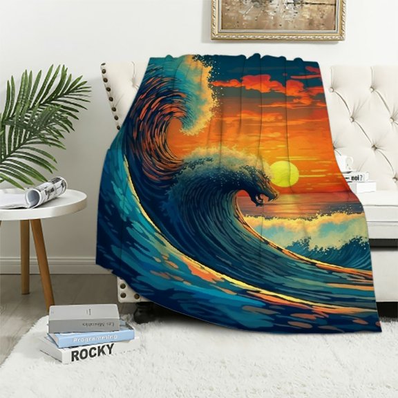 Pratyus Bear Wave Sunset Print Blanket All Seasons Lightweight Flannel Blanket for Adults and Kids Exquisite Gifts 60x80in