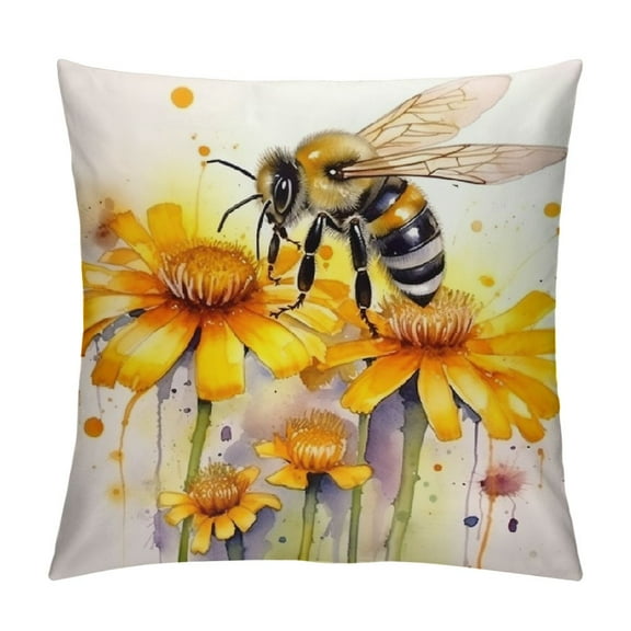 Pratyus Bee Flower Watercolor Pillow Cases with Zipper Home Decor for Living Room Bedroom Cushion Outdoor Pillowcase 1PC 24x24in