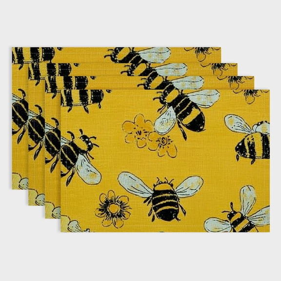 Pratyus Bees Flowers Silk Screen Linen Cloth Dining Table Placemats Set of 4 for Birthday Parties, Christmas, Restaurants, Buffets & Home Decoration 18x12in