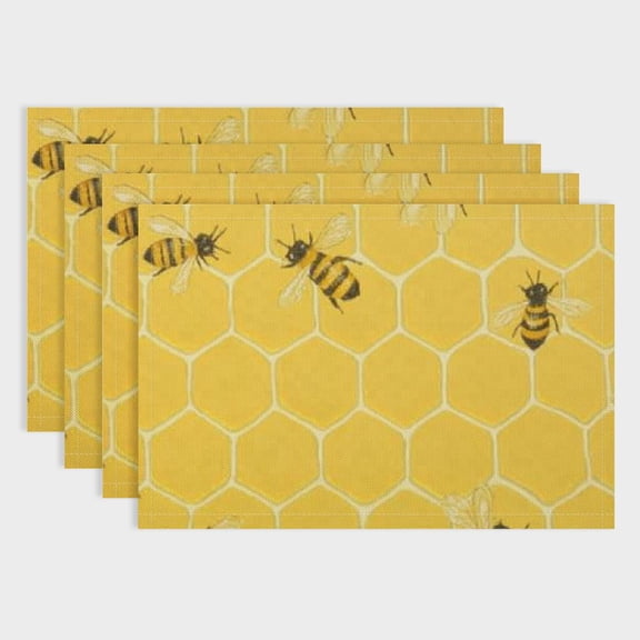 Pratyus Bees Honeycomb Pattern 4pcs Linen Dining Table Placemats for Birthday Parties and Home Decoration 18x12in