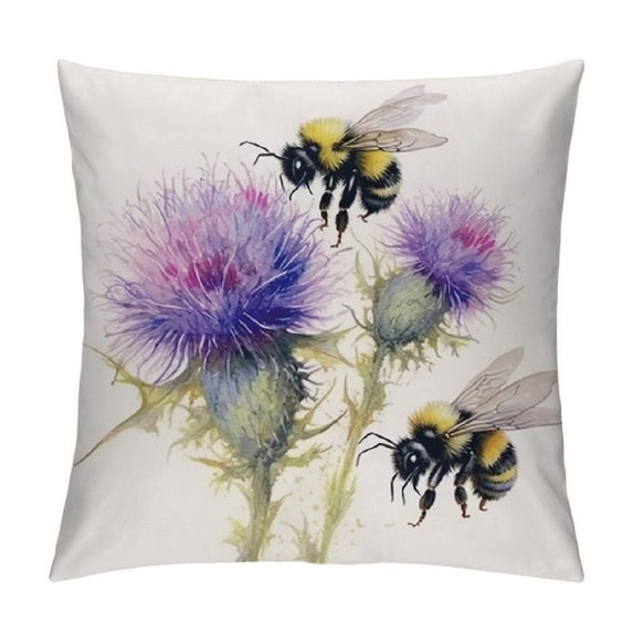 Pratyus Bees Thistle Flower Pillow Cushion Covers Short Plush Square Home Decor 1PC 12x12in