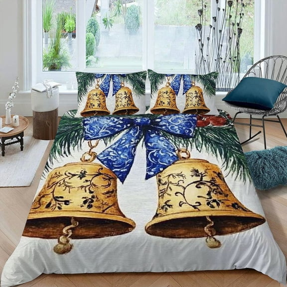 Pratyus Bells Pine Branch Folk Art 3-Piece Bedding Set Modern Style High Quality Sleep for Bedroom Guest Room Decor 87x68in