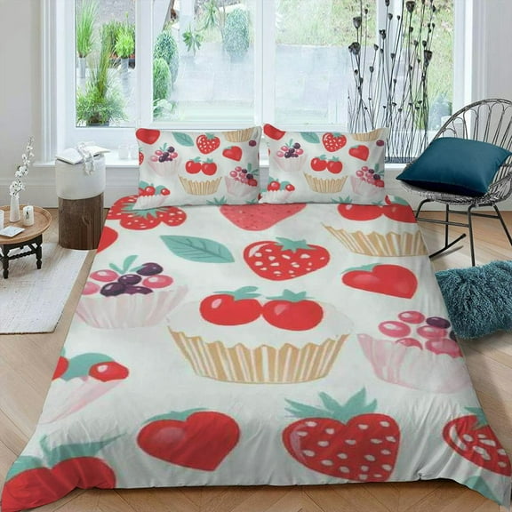 Pratyus Berries Cupcakes Designs 3-Piece Bedding Set Romantic Valentine's Day Lightweight and Soft 87x68in