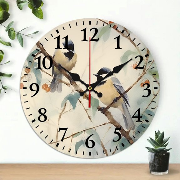 Pratyus Birds Branch Painting Wall Clock 10 Inches, Silent Non-Ticking Battery Operated Decorative Clock for Living Room, Bedroom, Kitchen - Wood Frame, Frameless Design 10x10in