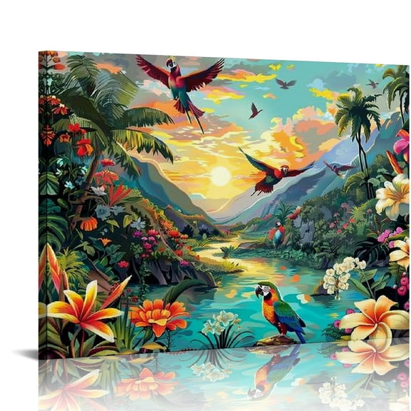 Pratyus Birds Flowers River Canvas Wall Art Decor Ready to Hang - Ideal Choice for Home and Office Decoration 16x12in