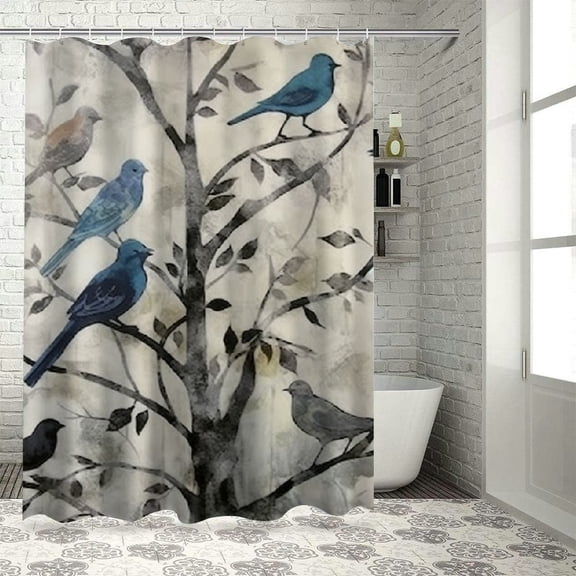 Pratyus Birds Leaves Watercolor Painting Modern Waterproof Shower Curtain for Country Cottage & Farmhouse Bathroom Decor 100% Polyester Chic Decor with Hooks 69x72