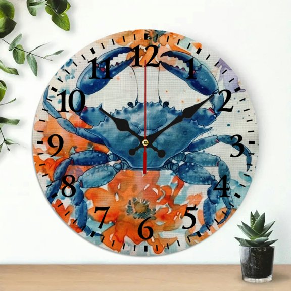 Pratyus Blue Crab Flowers Wooden Wall Clock, Wall Decor for Living Room, Kitchen, Dorms, Decorative Wall Clock for Home, 10 Inches 10x10in