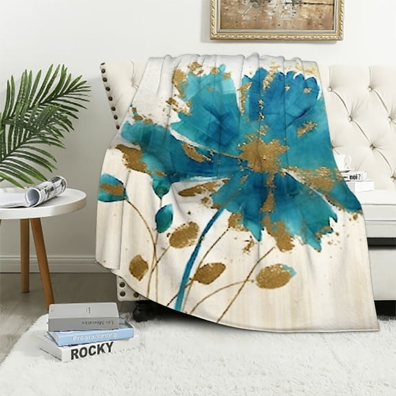 Pratyus Blue Flower Gold Accents Throw Blanket for Couch Sofa Bed Office Decor All Seasons Bedding 50x60in