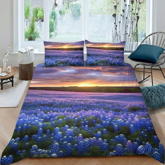 Pratyus Blue Flowers 3-Piece Bedding Set (Single-Sided Print) Comfortable and Breathable Peach Skin Velvet Bedroom Guest Room 87x68in