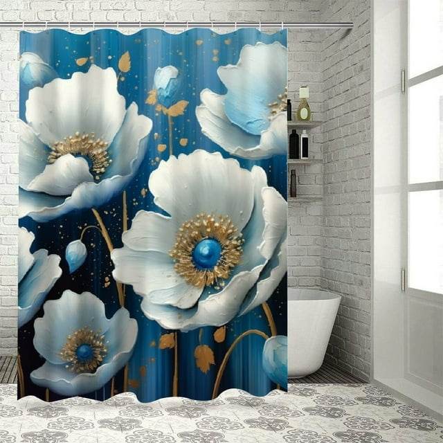 Pratyus Blue Flowers White Petals Gold Accents QuickDrying Shower