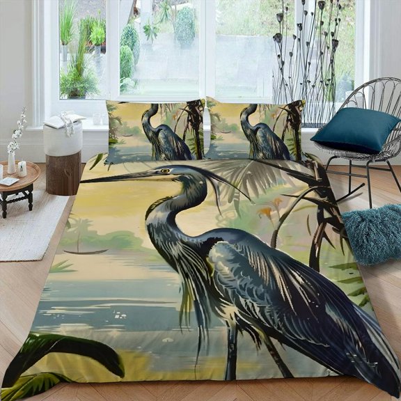 Pratyus Blue Heron Palm Trees Tropical 3-Piece Bedding Set (Single Sided Print) Comfortable and Breathable Peach Skin Velvet Bedroom Guest Room 87x68in