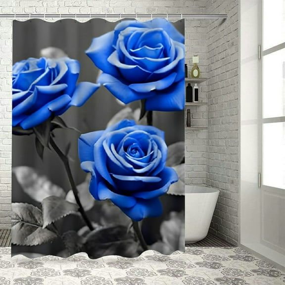 Pratyus Blue Rose Printed Shower Curtain Set with Hooks - Chic Modern Bathroom Decor Waterproof Polyester Fabric Bathroom Decor Set 36x72