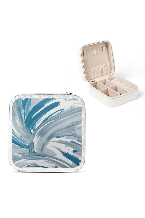 Blue and White Design Abstract Brush Strokes Jewelry Box for Necklace, Ring, Earring Storage White