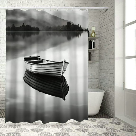 Pratyus Boat Lake Tranquil Shower Curtain Cloth Fabric Bathroom Decor Set with Hooks 100% Polyester Fiber Home Bathroom Decor 60x72