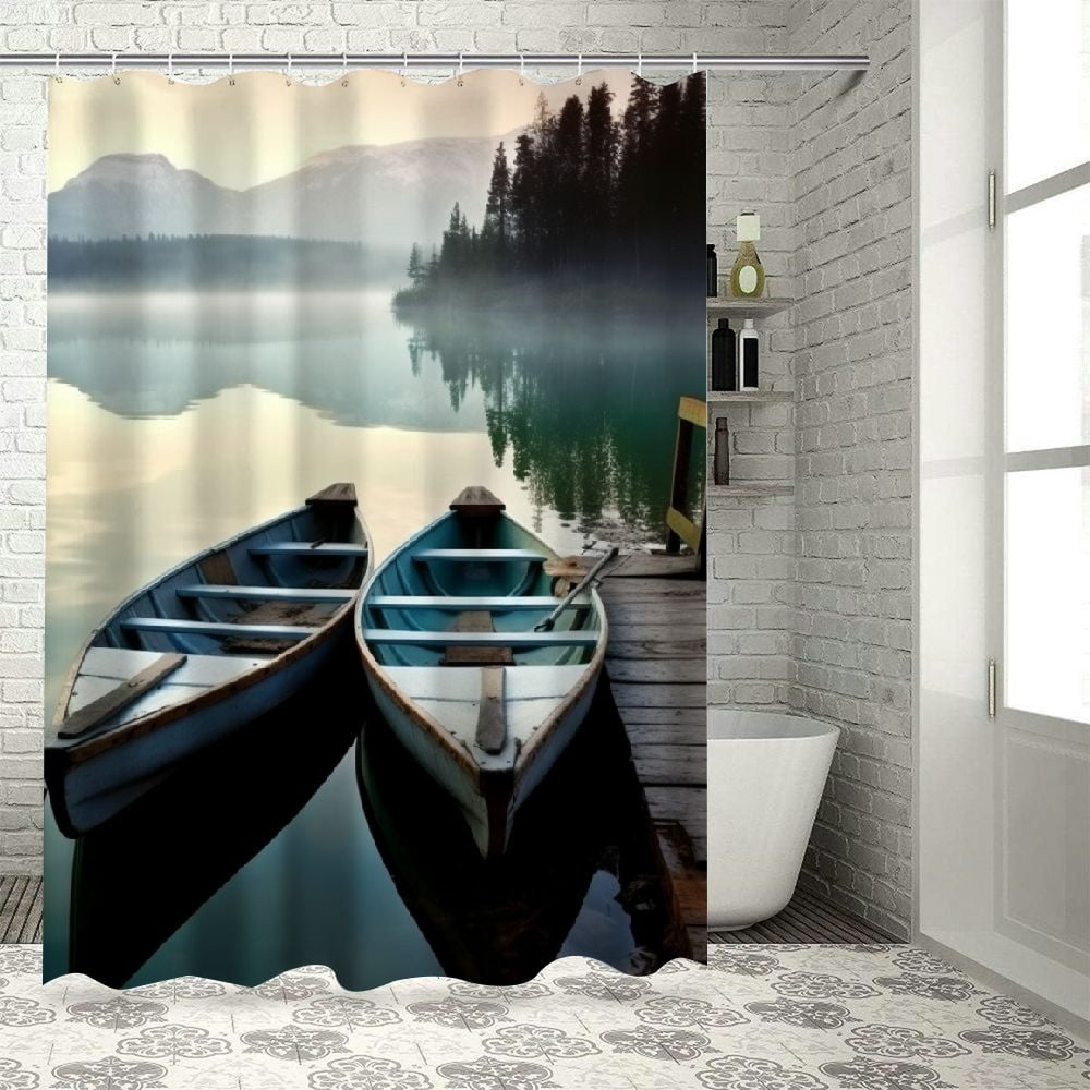 Pratyus Boats Dock Lake Shower Curtain Set with Hooks, Waterproof Polyester Fabric Bathroom Decor, Various Sizes Available 60"x72