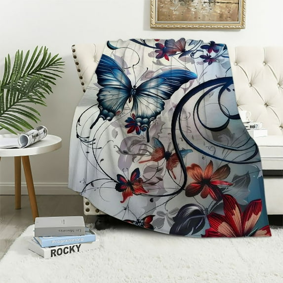 Pratyus Butterfly Flower Gothic Art Print Flannel Throw Blanket Lightweight Soft Blanket for All Seasons 50x60in