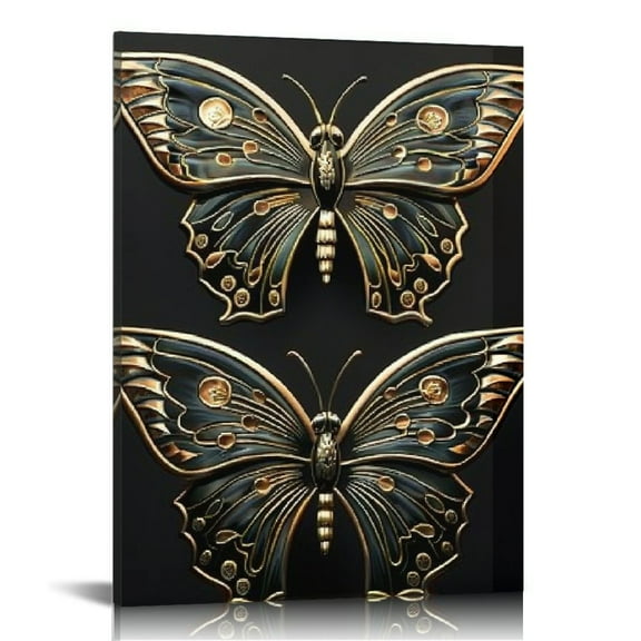 Pratyus Butterfly Gold Accents Black Background Canvas Wall Decor for Home - Fashion Wall Art for Bathroom, Bedroom, Kitchen - Perfect Gift Idea 12x16in