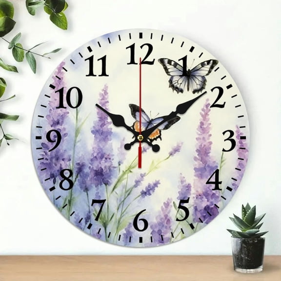 Pratyus Butterfly Lavender Field Wall Clock, Wall Hanging Decor for Living Rooms, Kitchens, Dorms, 10-inch Frameless Round Analog Clock 10x10in
