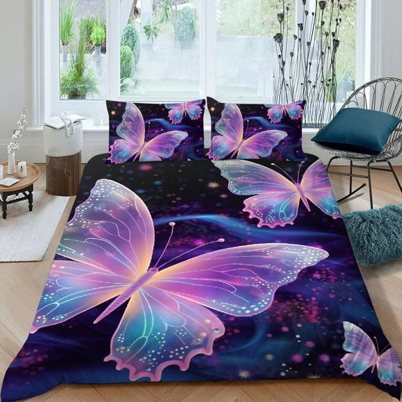 Pratyus Butterfly Stars Mystical Colors 3-Piece Bedding Set (Single-Sided Print) Comfortable and Breathable Peach Skin Velvet Bedroom Guest Room 87x68in
