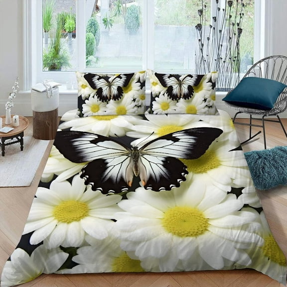 Pratyus Butterfly White Flower Yellow Centers 3-Piece Bedding Set - Peach Skin Velvet, Zipper Closure, Bedroom and Guest Room Decor 87x68in