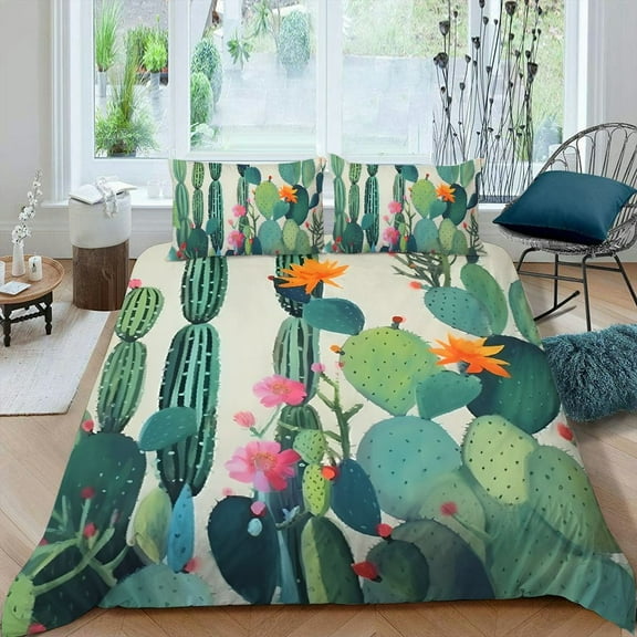 Pratyus Cactus Plant Flowers 3-Piece Bedding Set - Peach Skin Velvet, Zipper Closure, Bedroom; Guest Room 87x68in