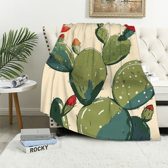Pratyus Cactus Red Flowers Flannel Throw Blanket Cozy Soft Fuzzy Plush Home Decor All Seasons Gift 40x50in