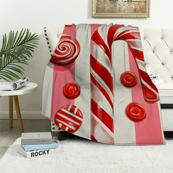 Pratyus Candy Cane Flannel Throw Blanket for Couch Sofa Bed, Christmas Home Decor Super Soft Blanket All Seasons Theme 50x60in