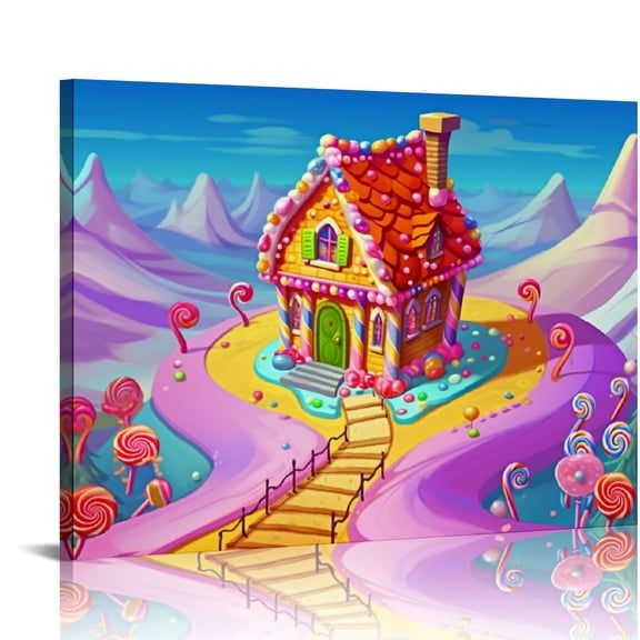 Pratyus Candy House Pathway Candies Canvas Print On Canvas Wall Art Decor - Ready To Hang Room Home Art Decor 16x12in