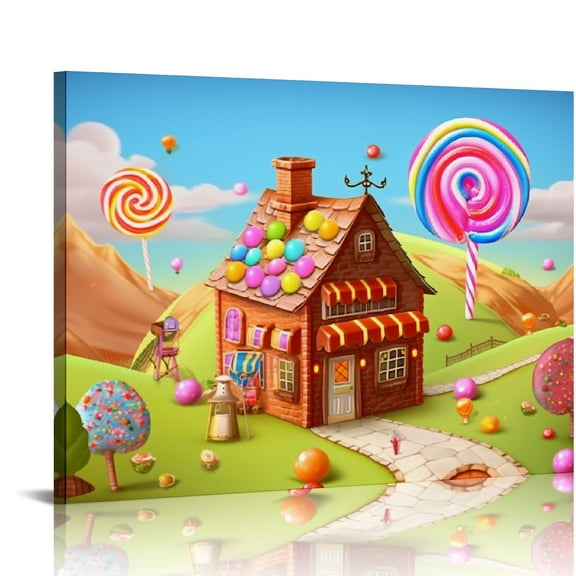 Pratyus Candy Land House Balloons Theme Canvas Wall Decor Bathroom Ready to Hang Artwork for Home Living Room Bedroom Kitchen Office Hotel Salon Condo Bar 16x12in