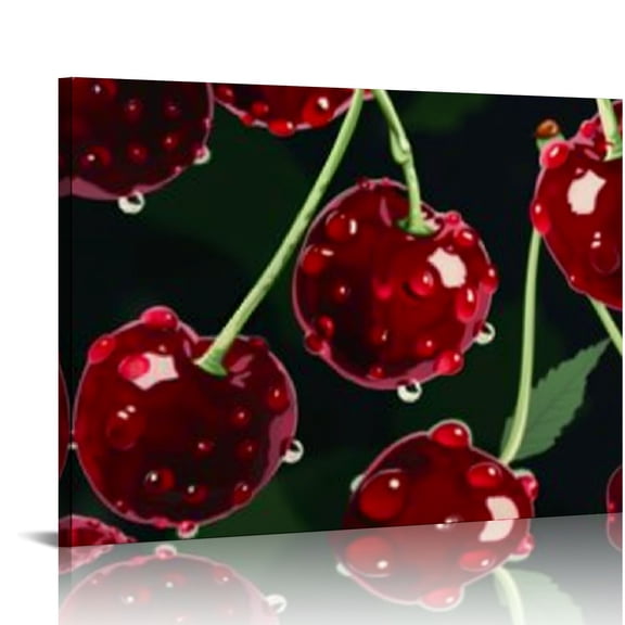 Pratyus Cherries Water Drops Green Stem Canvas Wall Art Decor Ready to Hang - Ideal for Home, Living Room, Bedroom, Office, and More 16x12in