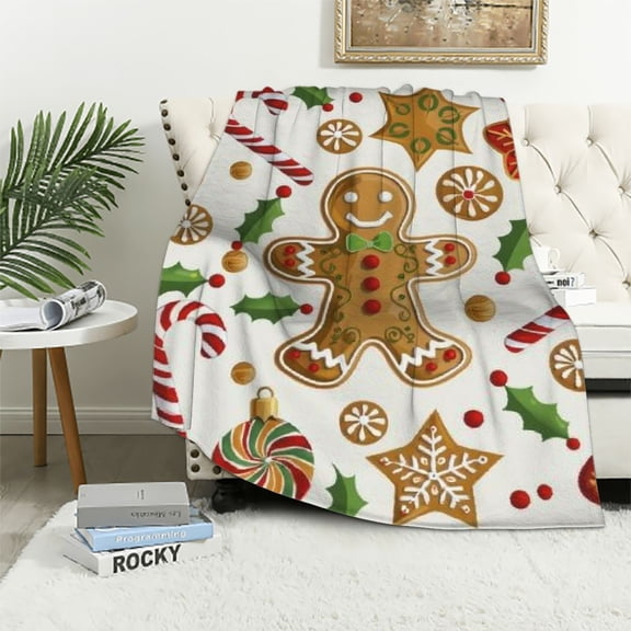 Pratyus Christmas Decorations Gingerbread Man Candy Cane Flannel Throw Blanket for Couch Sofa Bed All Seasons Comfort Lightweight Soft Blanket 50x60in