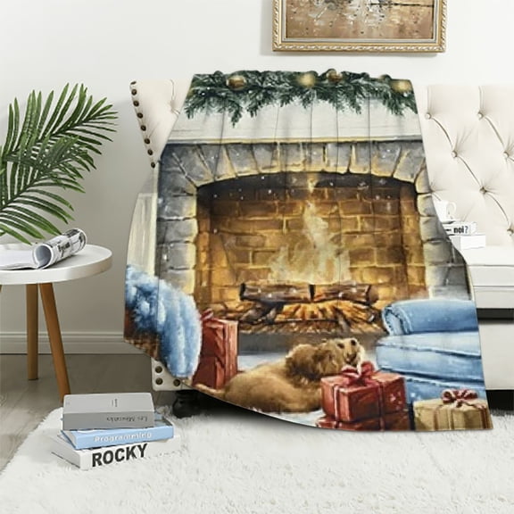 Pratyus Christmas Fireplace Stockings Dog Flannel Throw Blanket for Couch Sofa Bed All Seasons Decor Lightweight Soft Blanket 40x50in