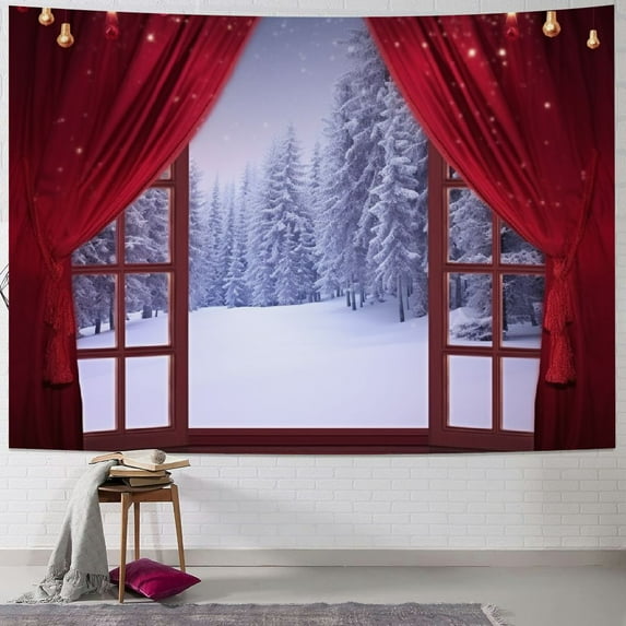Pratyus Christmas Scene Snow Covered Forest Tapestry Wall Hanging Dorm Christmas Decoration Home Wall Art 40x60inch