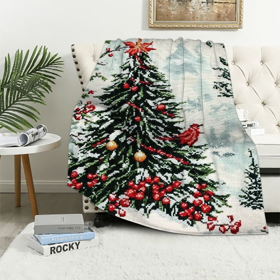 Pratyus Christmas Tree Bird Cross Stitch Flannel Throw Blanket for Couch Sofa Bed All Seasons - Exquisite Gifts 40x50in