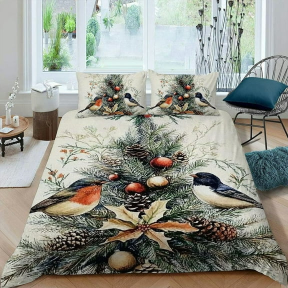 Pratyus Christmas Tree Birds Pine Cones 3-Piece Bedding Set Modern Style High Quality Sleep 87x68in